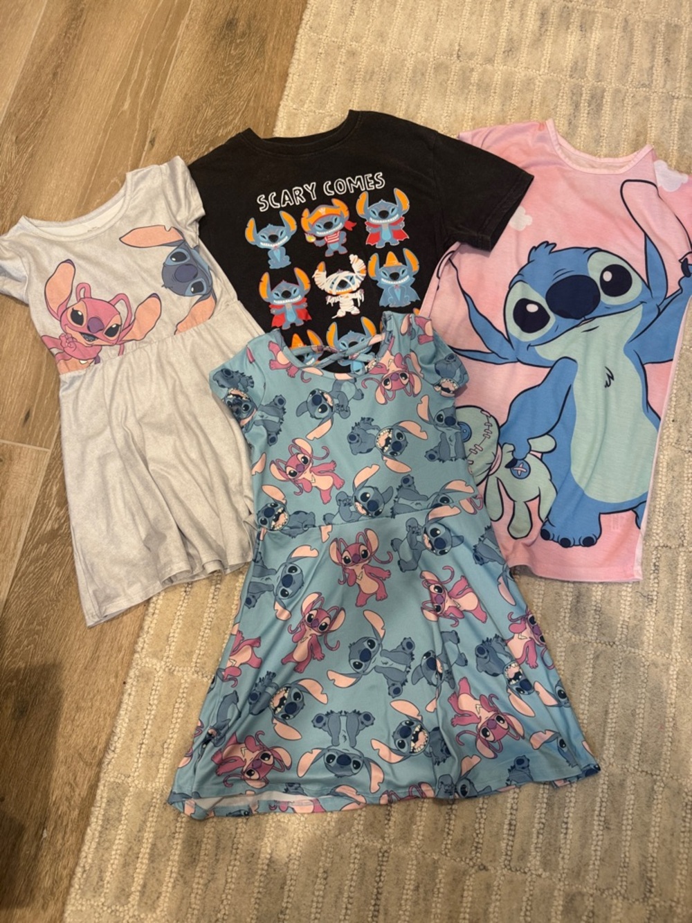 Girls' Lilo & Stitch Dresses, one shirt & one nightgown- Blue, Pink, Black, Gray